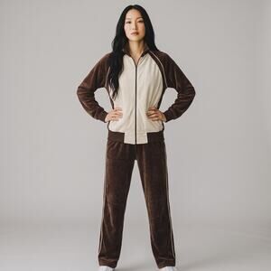Foot Locker M Two-piece Matching Set Velour Brown Pants Jacket y2k  Tracksuit